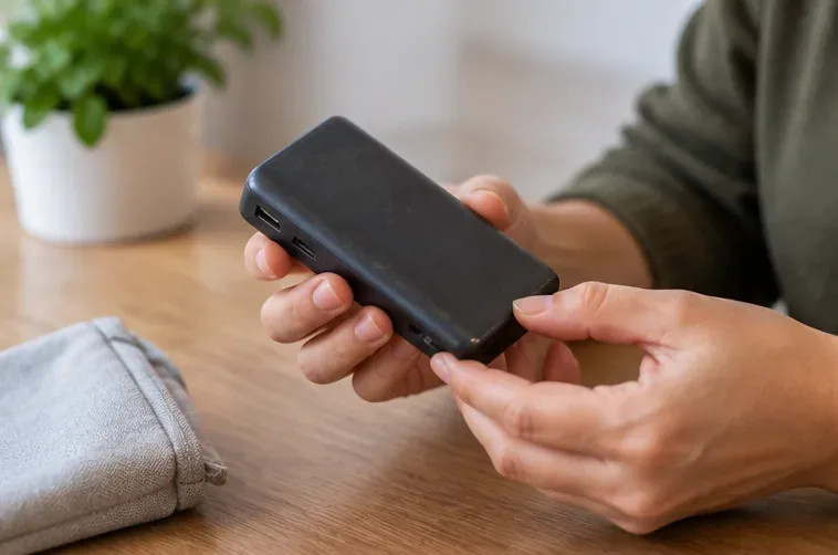 Personne examinant une batterie externe noire sur une table avant de l’apporter en point de collecte