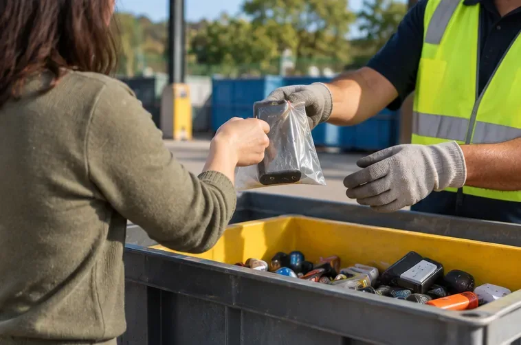 Usager remettant une batterie externe protégée à un agent près d’un conteneur de piles et petites batteries