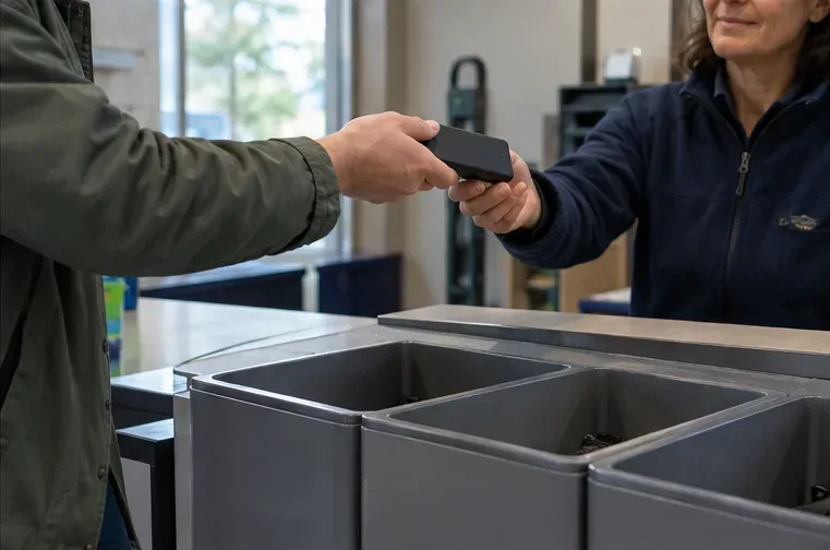 Une personne remet une petite batterie externe noire à une agente devant des bacs de collecte.