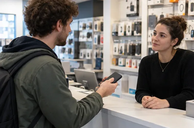 Un client tient une petite batterie externe devant une employée au comptoir d’un magasin d’électronique.