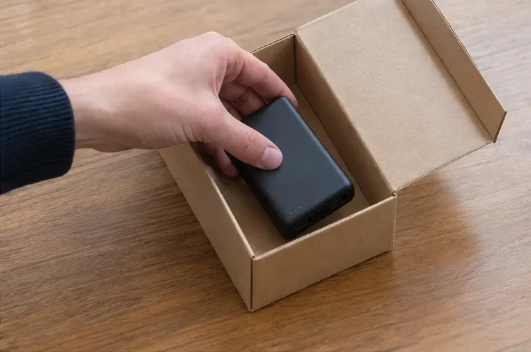 Une main place une petite batterie externe noire seule dans une boîte en carton ouverte.