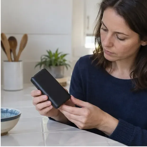 Personne qui examine une batterie externe sans l’ouvrir sur une surface carrelée