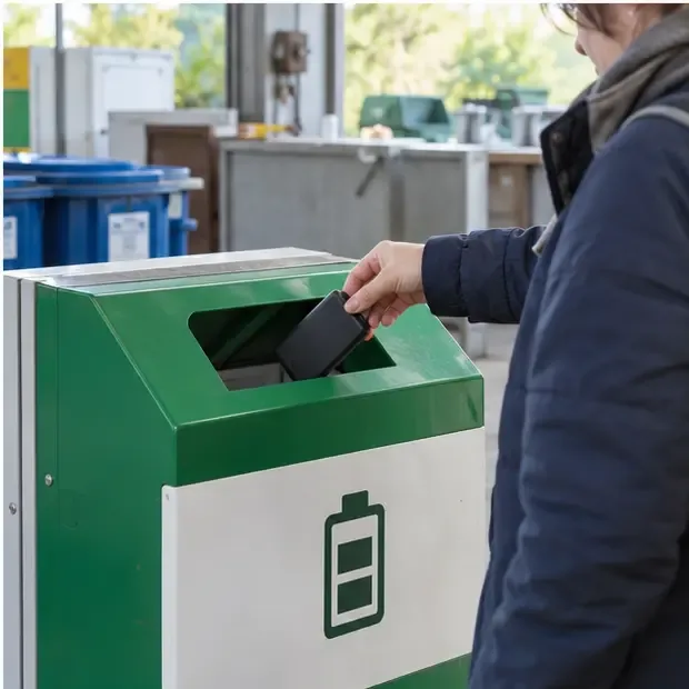 Personne déposant une batterie externe dans un conteneur de collecte dédié aux batteries