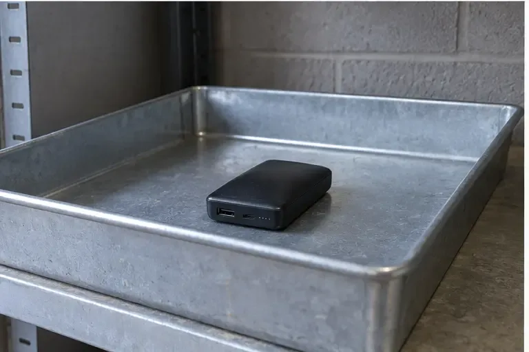 Batterie externe isolée dans un bac métallique ouvert, à l’ombre et loin des matières inflammables