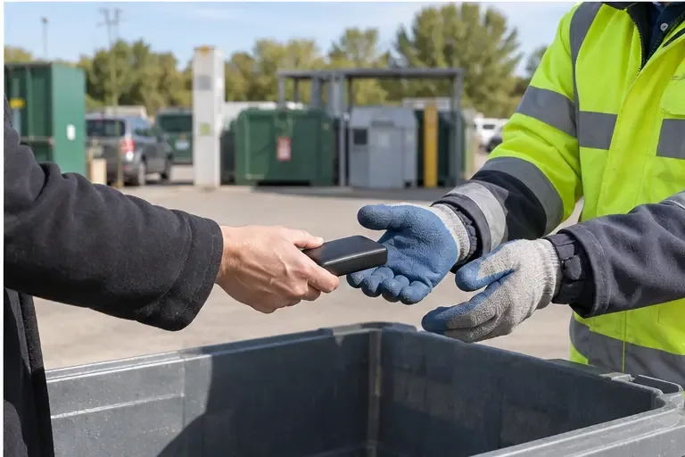 Agent de déchèterie portant des gants qui reçoit une petite batterie externe d’un usager