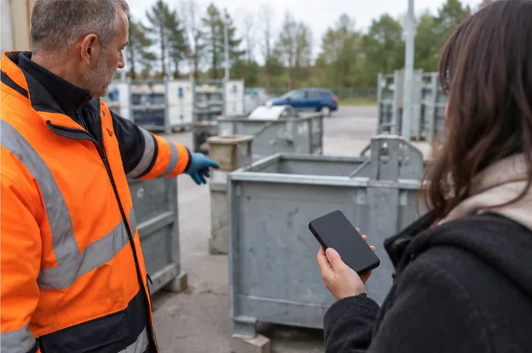 Un agent de déchèterie en veste haute visibilité indique à une usagère où remettre une batterie externe noire