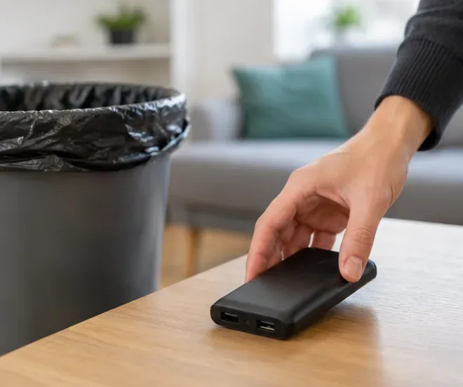 Une batterie externe noire posée sur une table à côté d’une poubelle domestique, pour montrer qu’elle ne doit pas être jetée avec les ordures ménagères