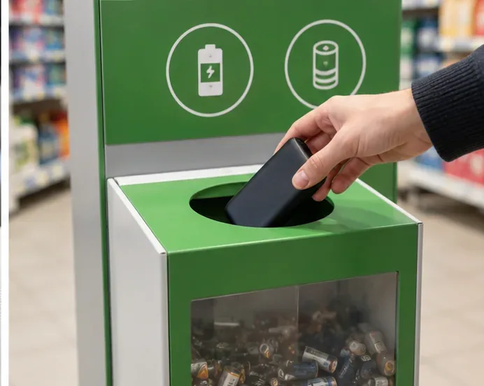 Une main dépose une batterie externe noire dans une borne verte de collecte de piles et batteries située dans un magasin