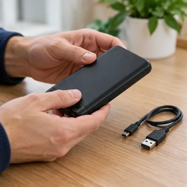 Une personne examine une batterie externe noire intacte à côté de son câble USB sur une table.
