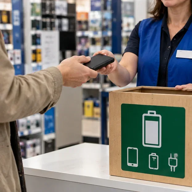Un client remet une batterie externe noire à une employée d’un magasin près d’un bac de collecte pour petits équipements.
