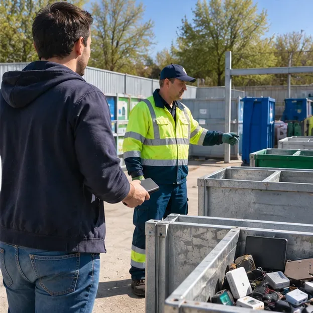 Un particulier tient une petite batterie externe dans une déchèterie pendant qu’un agent l’oriente vers la zone de tri.