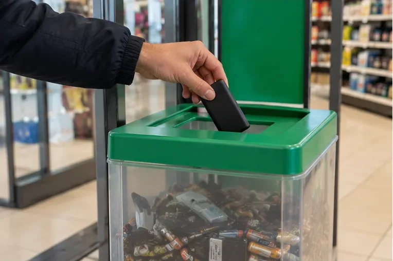 Une main dépose une batterie externe noire intacte dans un bac de collecte contenant des piles et petites batteries usagées.