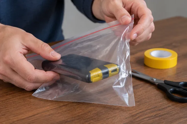 Des mains placent une batterie externe dans un sac transparent après avoir recouvert ses connecteurs avec du ruban adhésif.