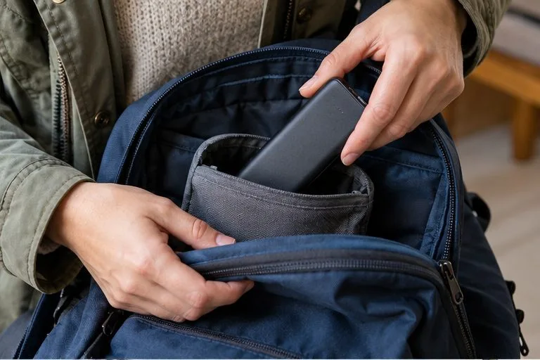 Une personne range une batterie externe débranchée dans une poche séparée à l’intérieur d’un sac.