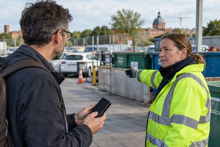 Dans une déchèterie, un agent en gilet haute visibilité indique à un visiteur où se trouve la zone de dépôt.