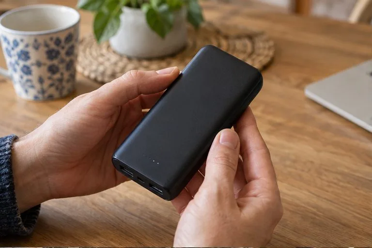 Deux mains examinent une batterie externe noire débranchée sur une table en bois.
