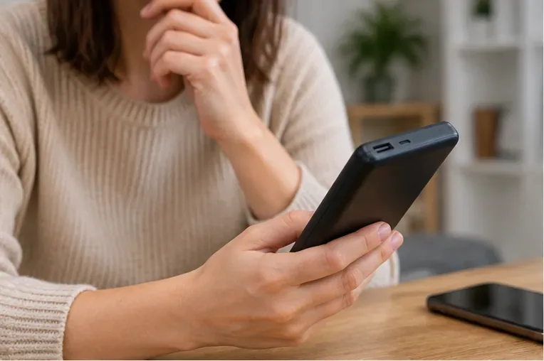 Personne examinant une batterie externe noire intacte avant de décider de la recycler à Tours
