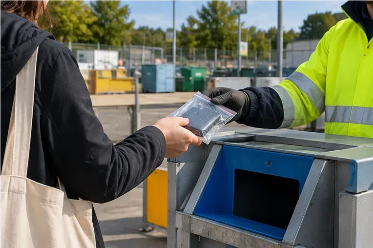 Personne remettant une batterie externe protégée à un agent d’un point de collecte de déchets électriques
