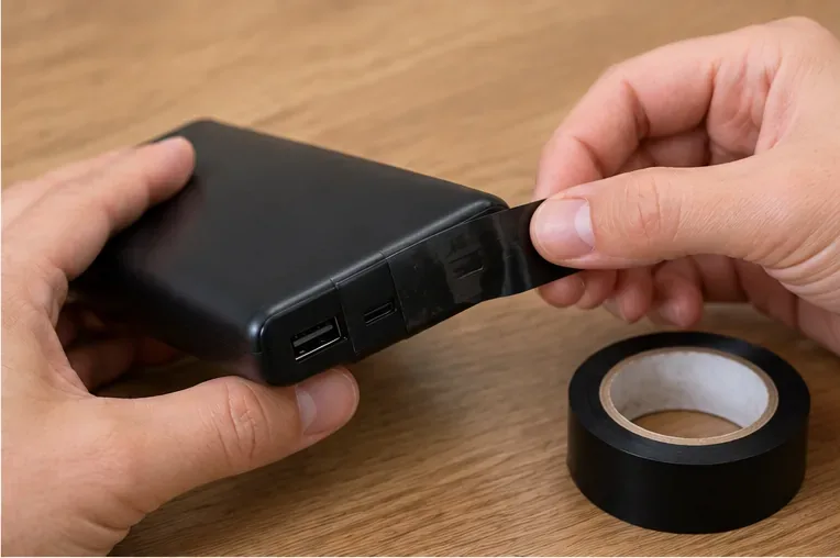 Main posant un ruban isolant noir sur les connectiques d’une batterie externe