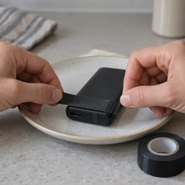Mains posant une bande de ruban isolant sur les connectiques d’une batterie externe légèrement endommagée