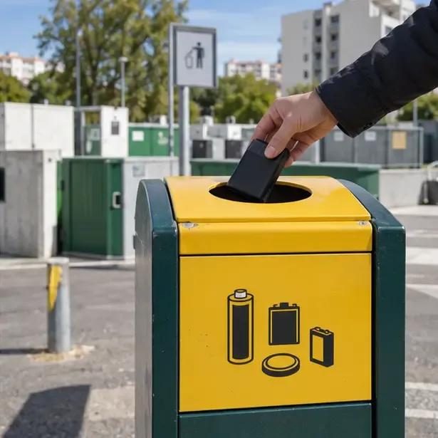 Main déposant une batterie externe dans un conteneur de collecte pour piles et batteries sur un site de recyclage