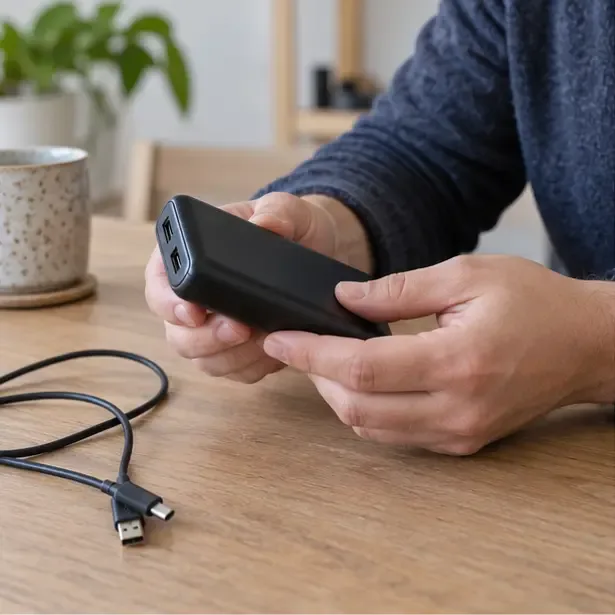 Mains inspectant une batterie externe noire débranchée sur une table en bois avant son dépôt