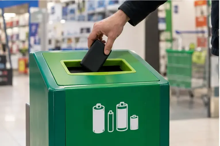 Main déposant une petite batterie externe intacte dans un bac vert de collecte pour piles, à l’intérieur d’un magasin