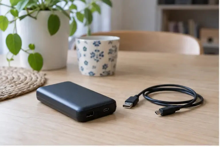 Batterie externe noire débranchée avec son câble posé sur une table
