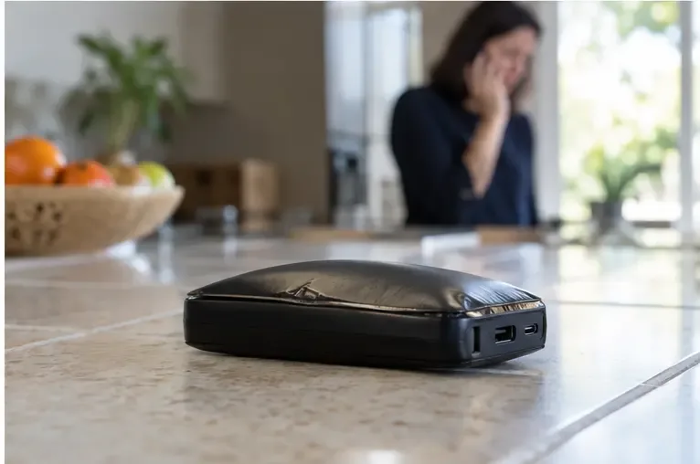 Batterie externe visiblement gonflée posée seule sur une surface minérale, sans personne qui la touche