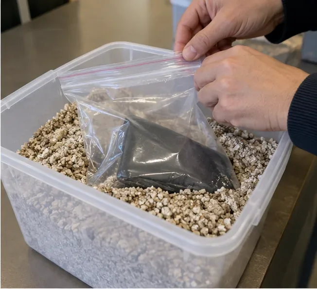 Batterie externe gonflée placée individuellement dans un sachet transparent, dans un bac contenant un matériau minéral sec