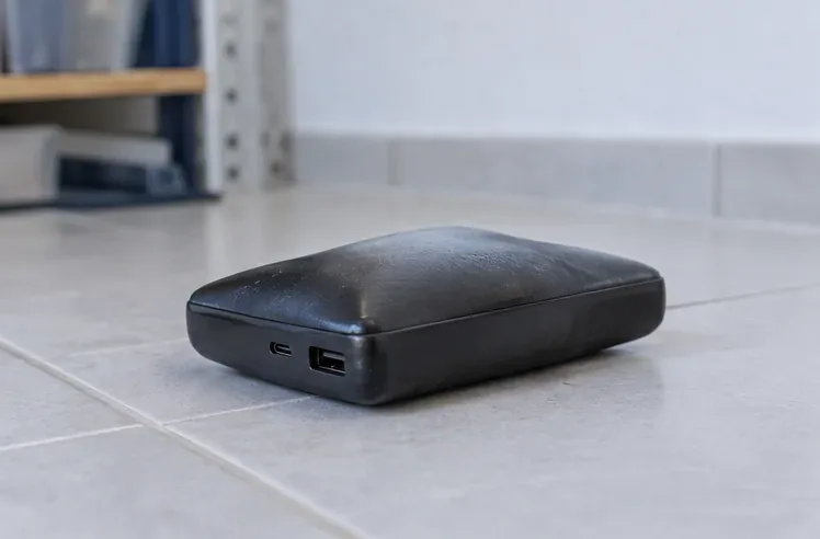 Batterie externe noire au boîtier bombé posée seule sur un carrelage clair