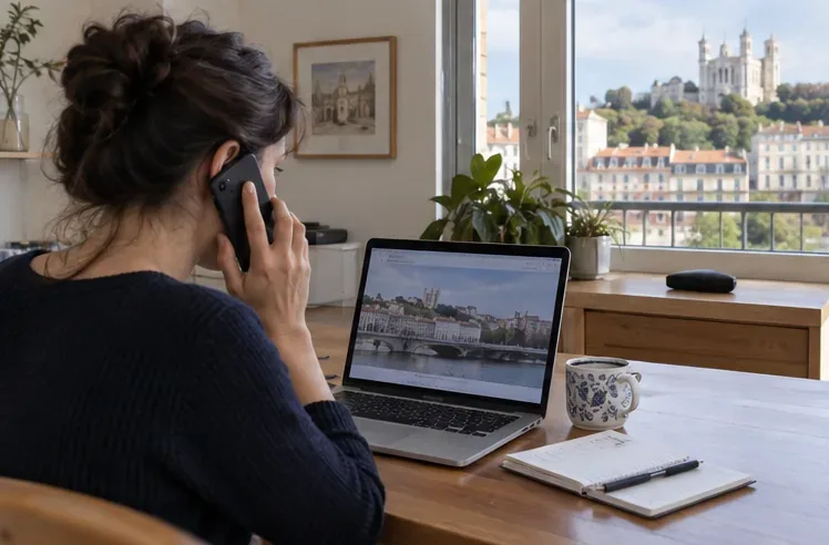 Personne au téléphone devant un ordinateur pendant qu'elle vérifie les informations de collecte à Lyon