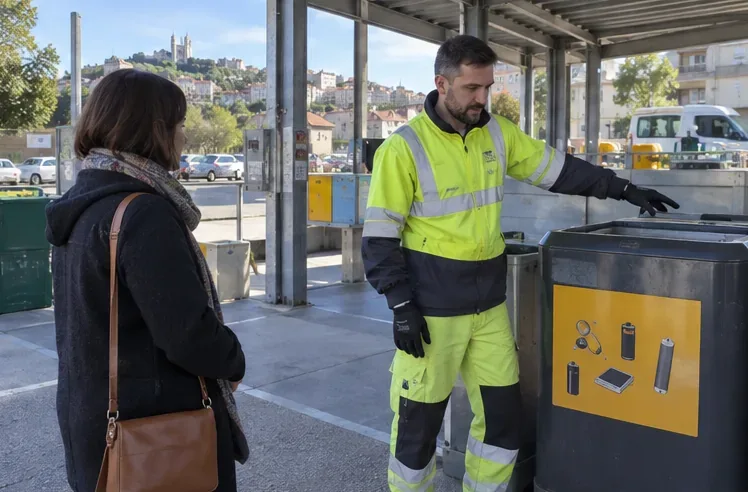 Agent en tenue haute visibilité montrant une zone de collecte pour petits équipements électriques à une visiteuse