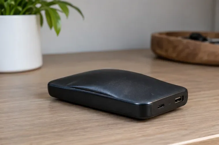 Une batterie externe noire présente un bombement net de son boîtier sur une table, sans câble branché.