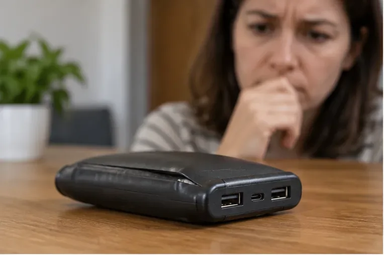 Une batterie externe noire visiblement gonflée repose sur une table pendant qu’une personne l’observe sans la manipuler.