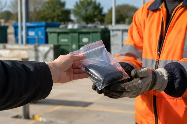 Usager remettant à un agent de déchèterie une batterie externe gonflée placée dans un sac transparent fermé