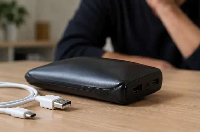Batterie externe noire visiblement gonflée posée sur une table, débranchée de son câble USB