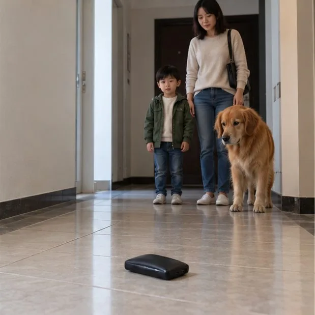 Un adulte, un enfant et un chien restent à distance d’une batterie externe posée sur le carrelage