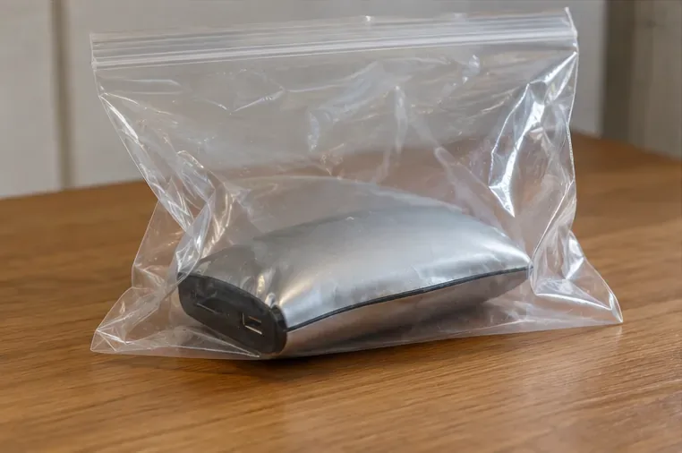 Batterie externe gonflée placée seule dans un sachet plastique transparent refermable