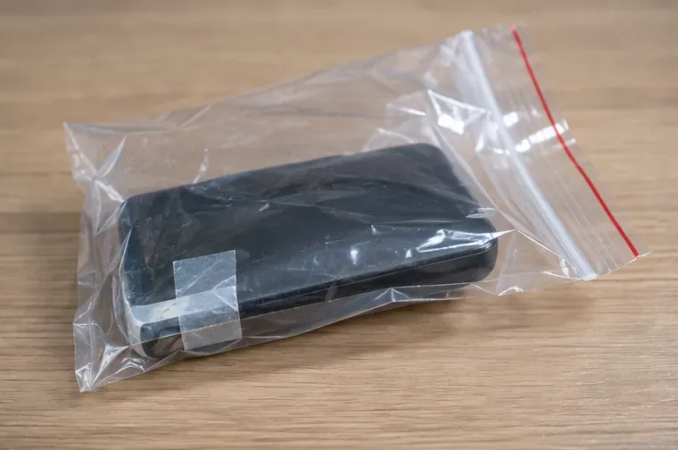 Une batterie externe gonflée est placée seule dans un sac plastique transparent refermable, avec ses connectiques protégées.
