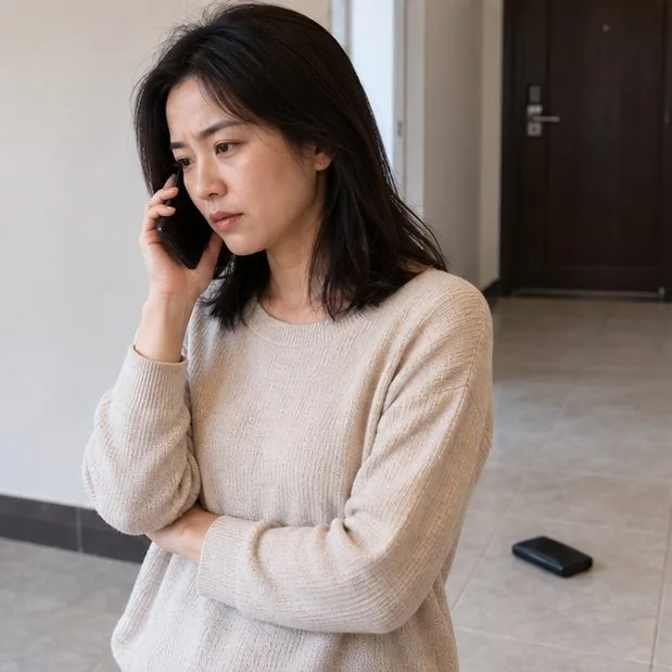 Une personne téléphone tandis qu’une batterie externe reste posée au sol derrière elle