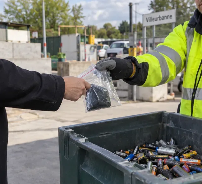Usager remettant un sachet contenant une batterie externe à un agent de déchèterie