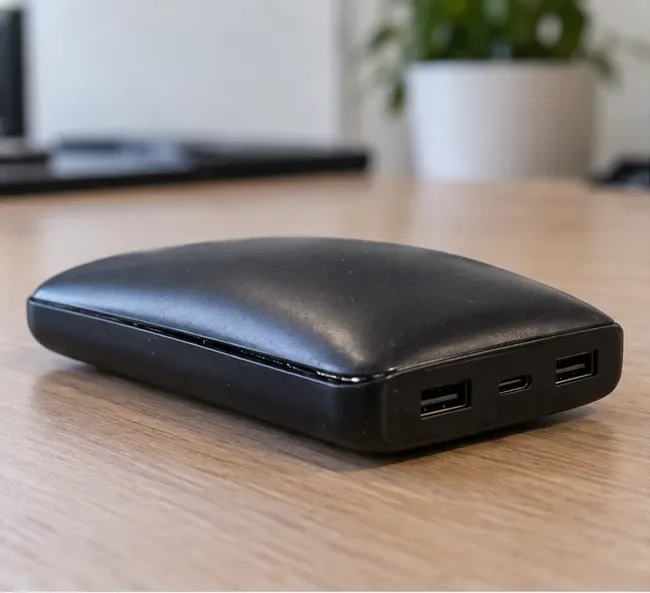 Batterie externe noire visiblement gonflée posée sur une table en bois