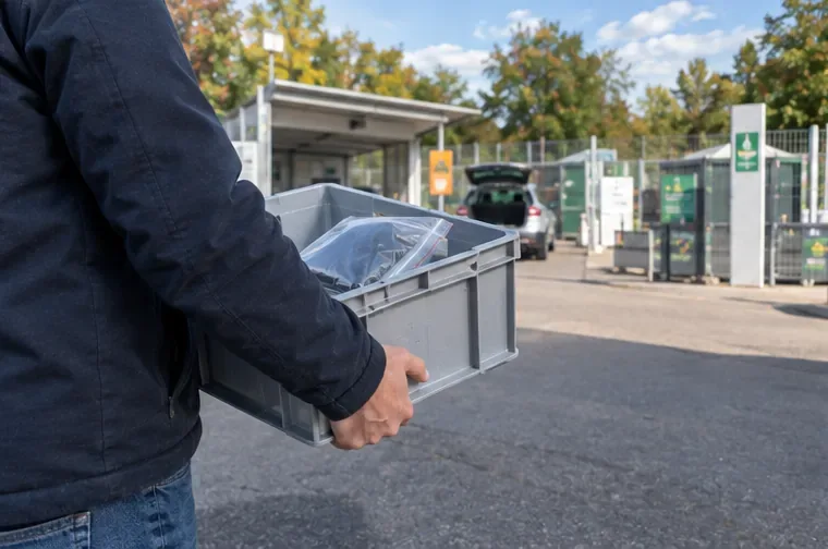 Une personne transporte une batterie externe ensachée dans une caisse rigide en arrivant dans une déchèterie.