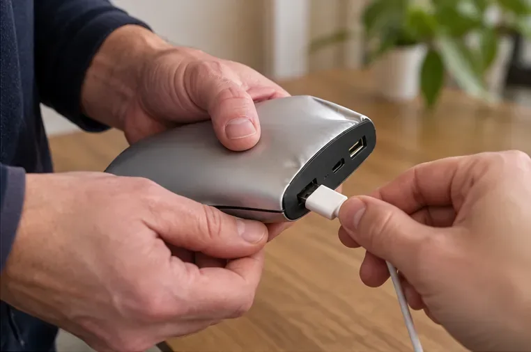 Main débranchant avec précaution le câble USB d’une batterie externe gonflée
