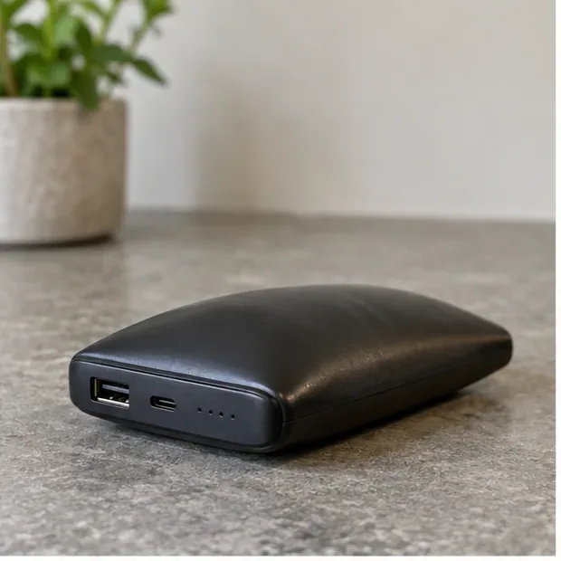 Batterie externe noire visiblement gonflée, posée sur une surface minérale non inflammable