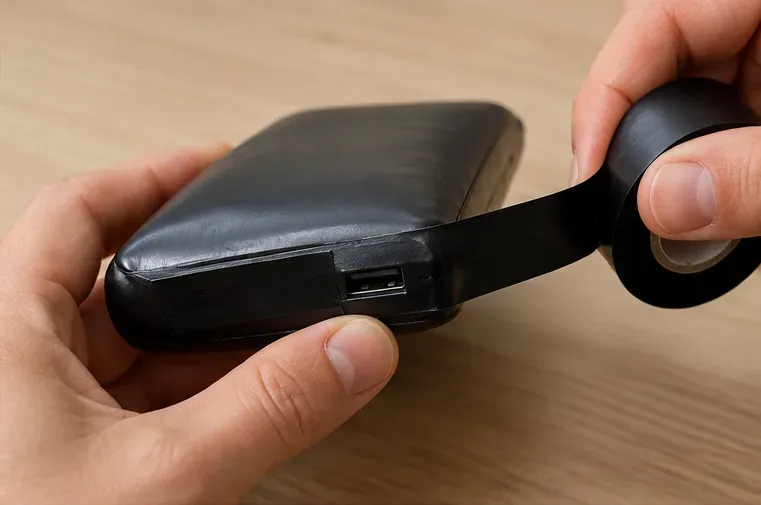 Mains couvrant les ports d’une batterie externe gonflée avec un ruban isolant noir, sans comprimer le boîtier