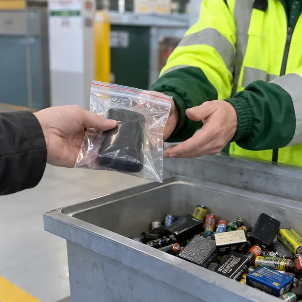 Usager remettant une batterie externe gonflée emballée dans un sachet transparent à un agent de collecte