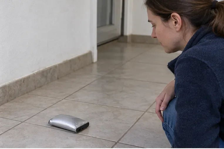 Personne observant à distance une batterie externe gonflée posée au sol.