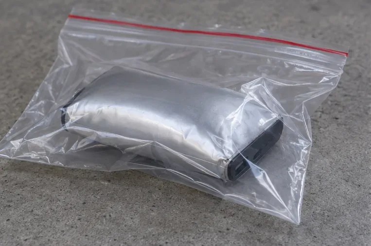 Batterie externe gonflée et refroidie placée seule dans un sac plastique transparent fermé.